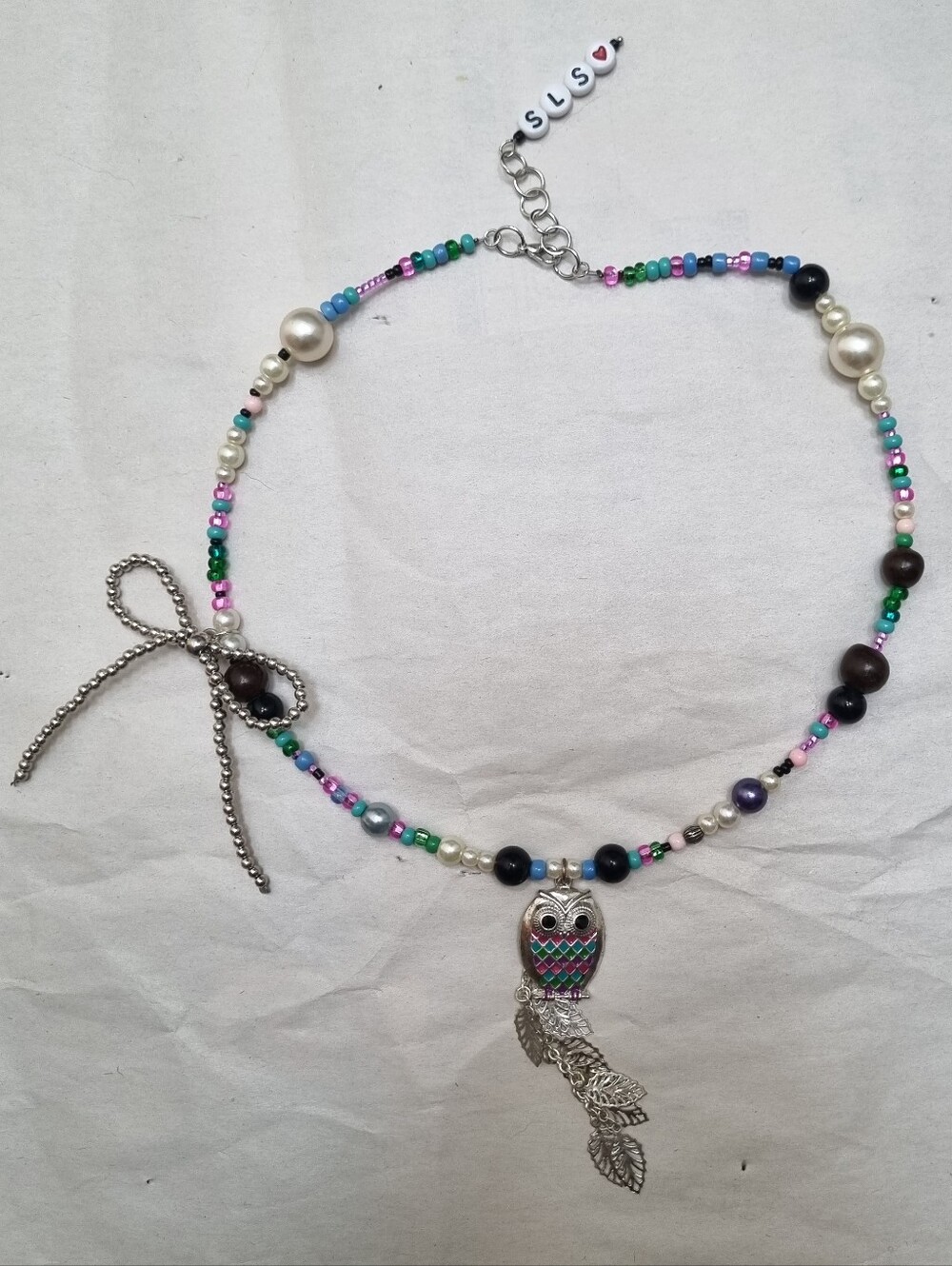 SLS Creation | Multicolour Purple Teal And Pink Asymmetrical Necklace With Owl